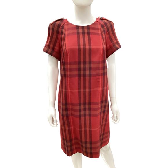 Burberry Dress Women’s Size 12 Wool Mini Short Sleeve Lined Classic Red Plaid - Picture 1 of 5